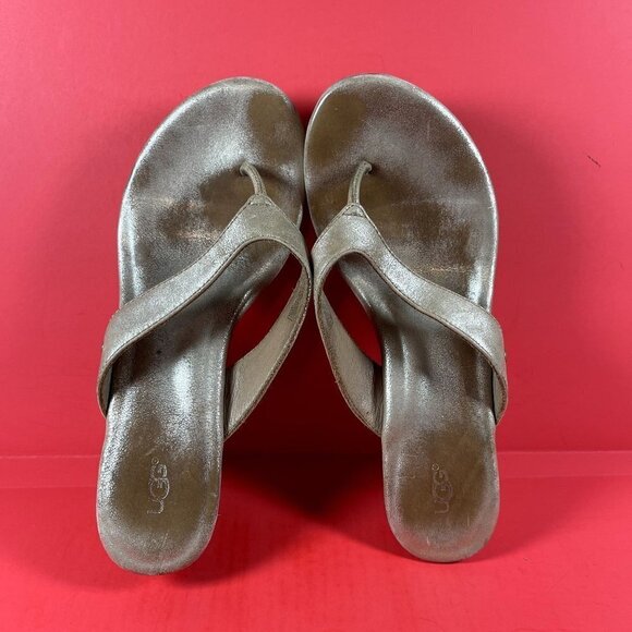 UGG Women's Natassia 1004396 Gold Leather Cork Wedge Heel Flip Flop Sandals Sz 8 - Picture 5 of 9